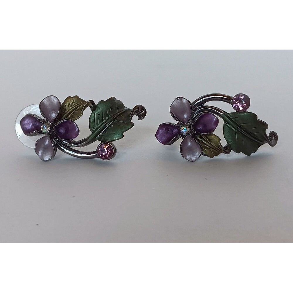 Gunmetal Purple & Green Enamel AB Rhinestone Earrings 1.25 in